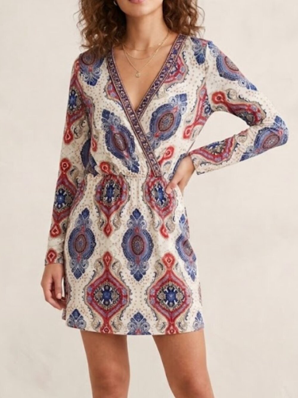 Style Rack Small Paisley Medallion Wrap Dress Blue Red Long Sleeve Boho Mini